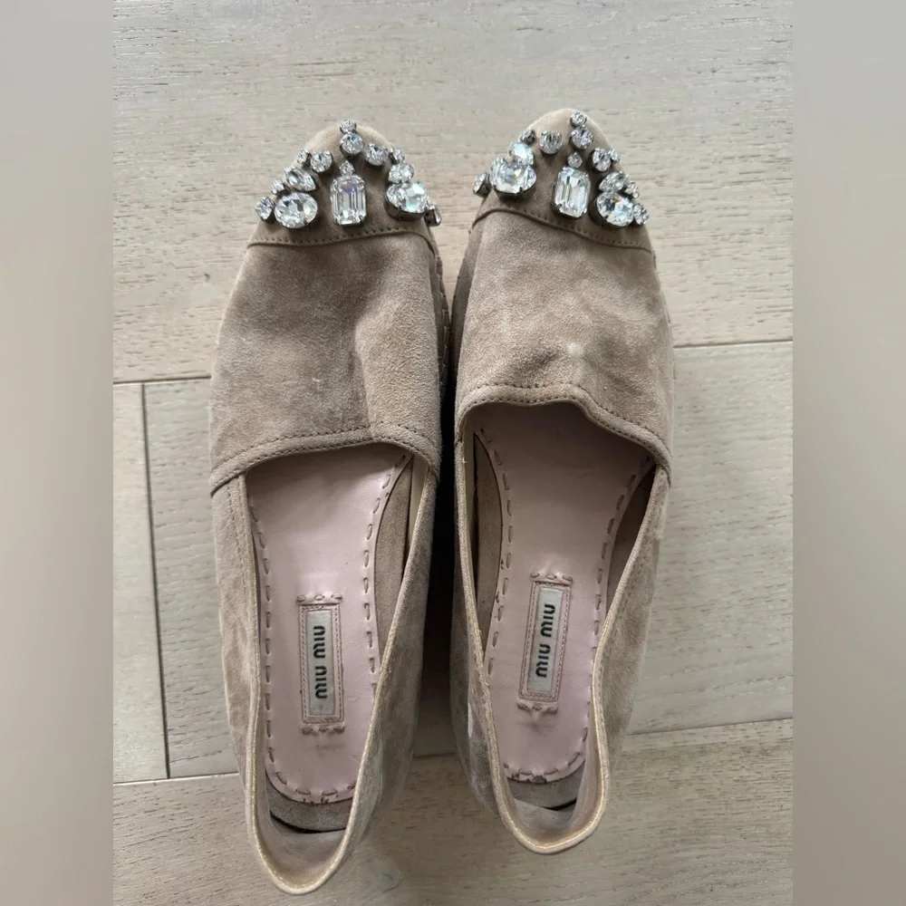 Miu Miu Beige Nubuck Embellished Platform Espadrilles 41/ 10.5